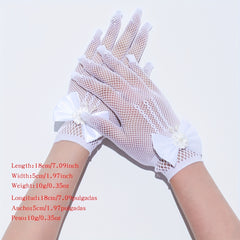 Bowknot Hollow Mesh Gloves Faux Pearl Decor Wedding Bridal Dress Gloves