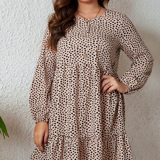  Dot Print Lantern Sleeve Round Neck Dress