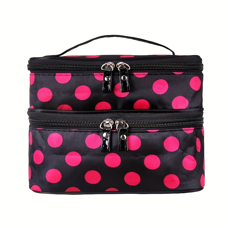 Double Layer Dot Pattern Cosmetic Bag, Waterproof & Durable with Mirror