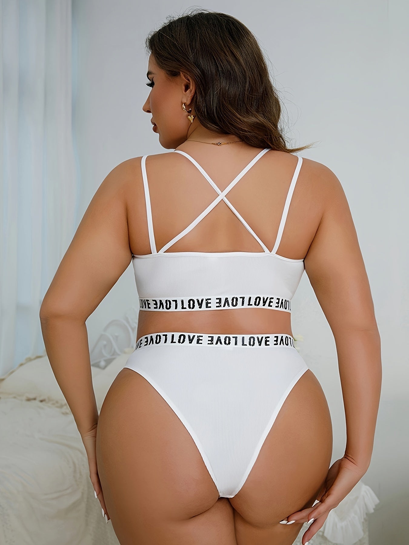  Ribbed Letter Tape Bra & Panty Set
