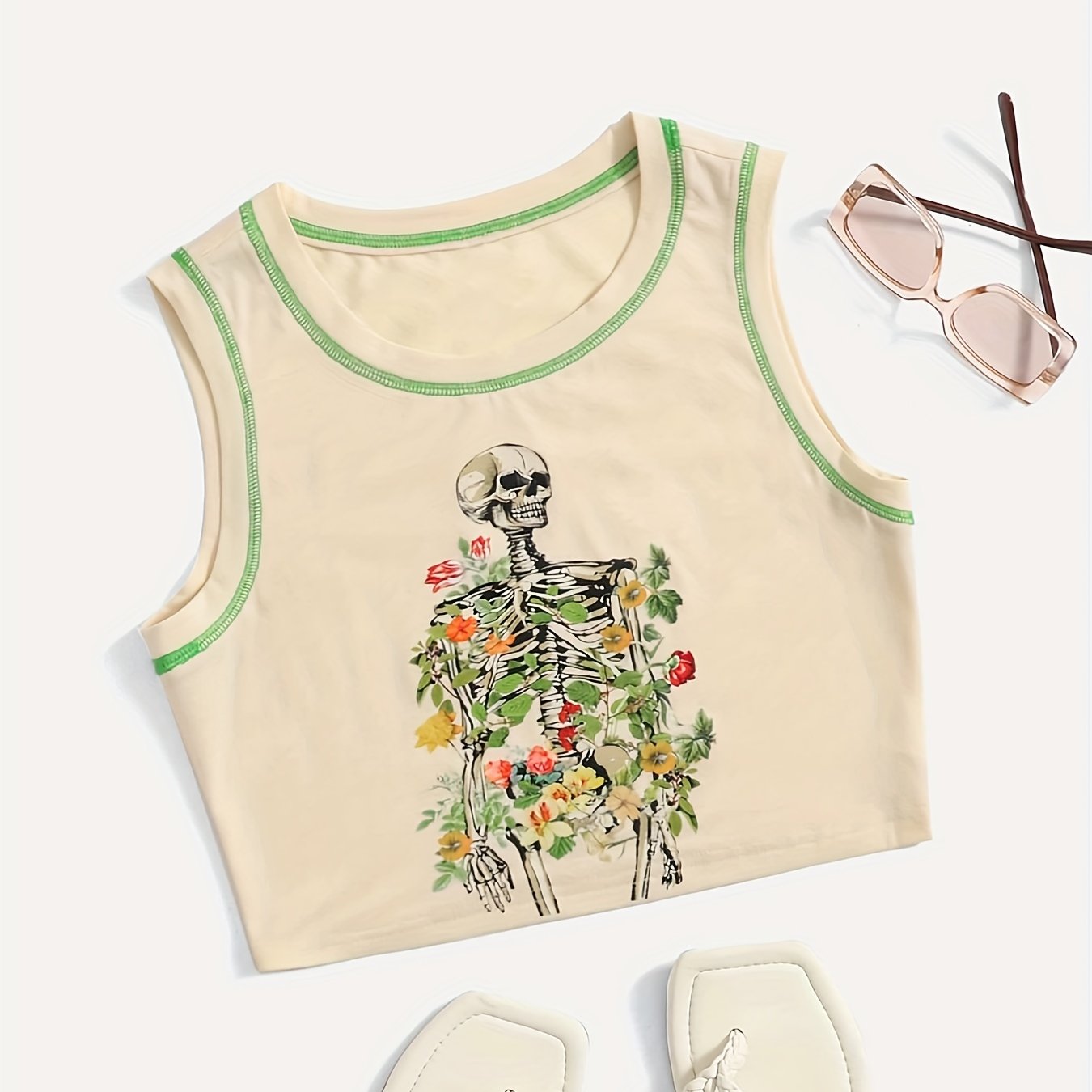 Skull Print Crop Tank Top Y2K Sleeveless Summer Women's Clothing