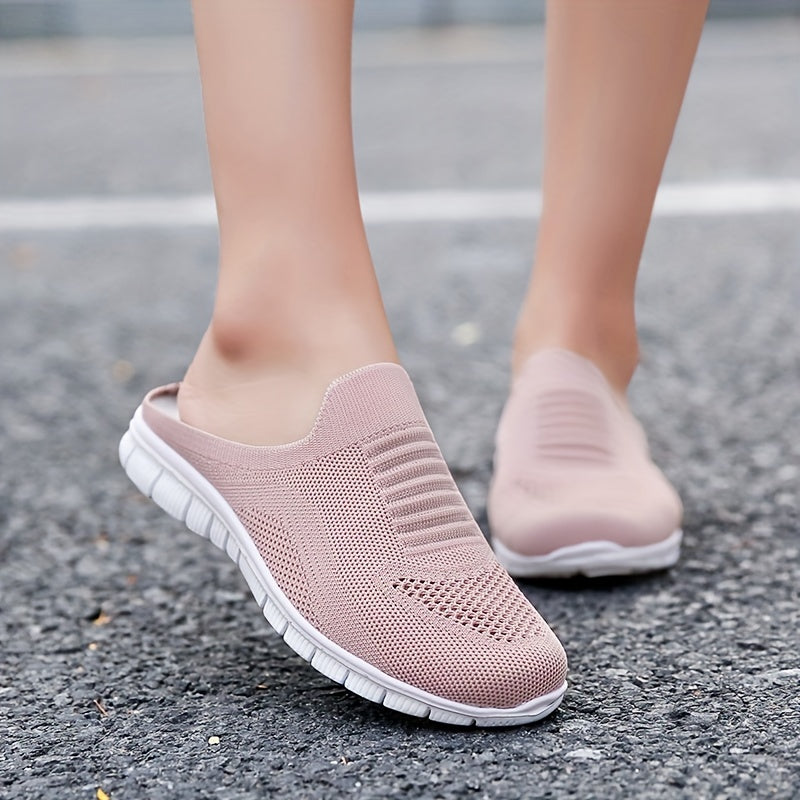 Women's Knit Flat Mules Comfy Solid Closed Toe Non Slip Slides Shoes