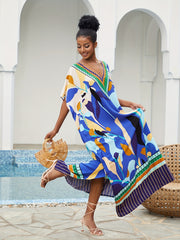  Boho Cover Up Women's Plus Abstract Print Bat Sleeve V Neck Loose Maxi