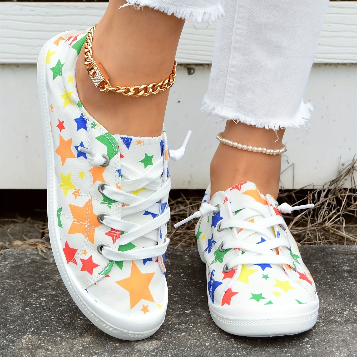 Women's Star Printed Canvas Shoes Colorful Lace Up Low Top Flat Shoes