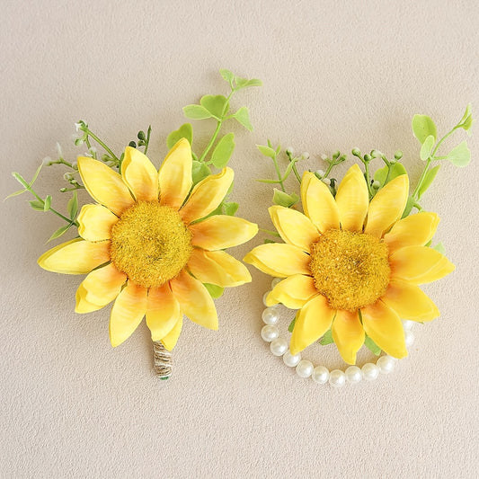 2pcs Sunflower Wrist Corsages Men's Boutonnieres Wedding Dance Party