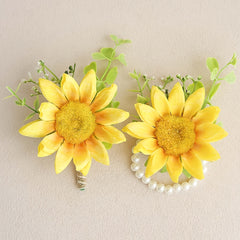 2pcs Sunflower Wrist Corsages Men's Boutonnieres Wedding Dance Party