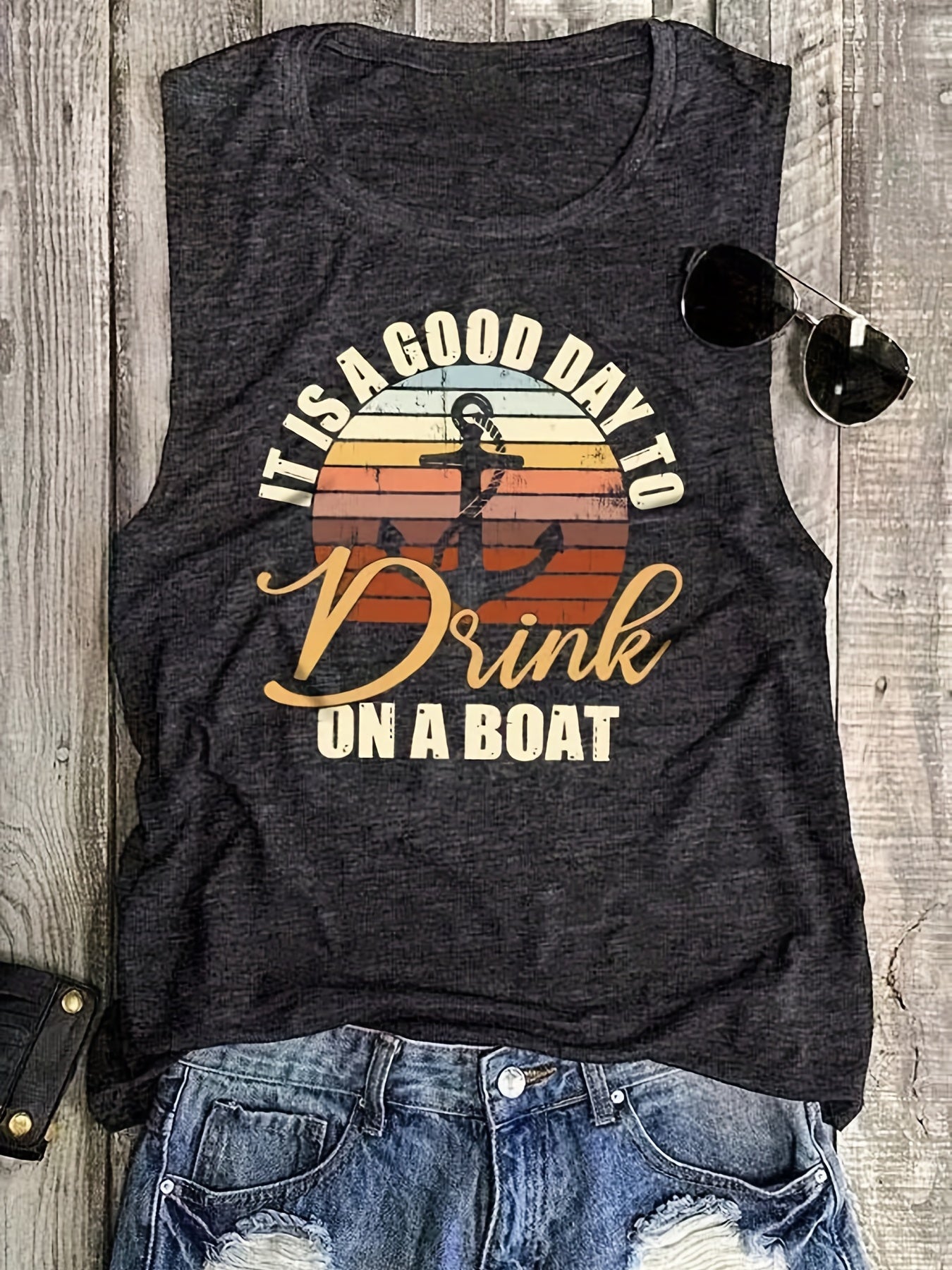 Anchor & Letter Print Tank Top Summer Sleeveless Top