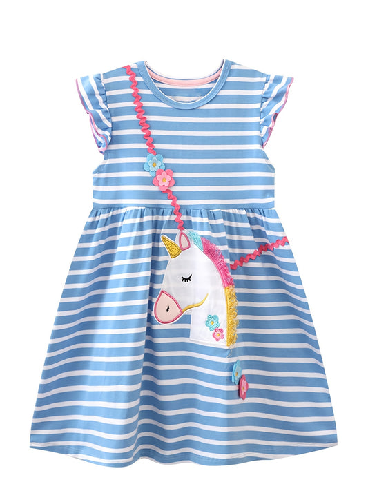 Toddler Girls Unicorn Embroidery Striped Cotton Casual Dress