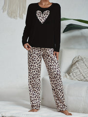 Leopard Pajama Set Long Sleeve Heart Print Top & Pants