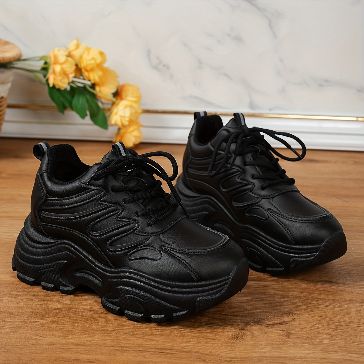 Faux Leather Heighten Chunky Sneakers Shock Absorption Sports Shoes