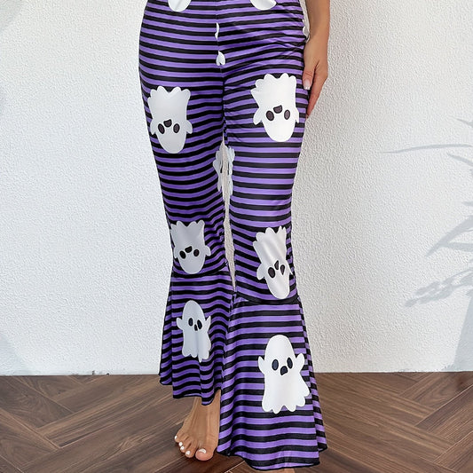 Ghost Stripe Print Lounge Pants Halloween Elastic Waistband Flare Pants