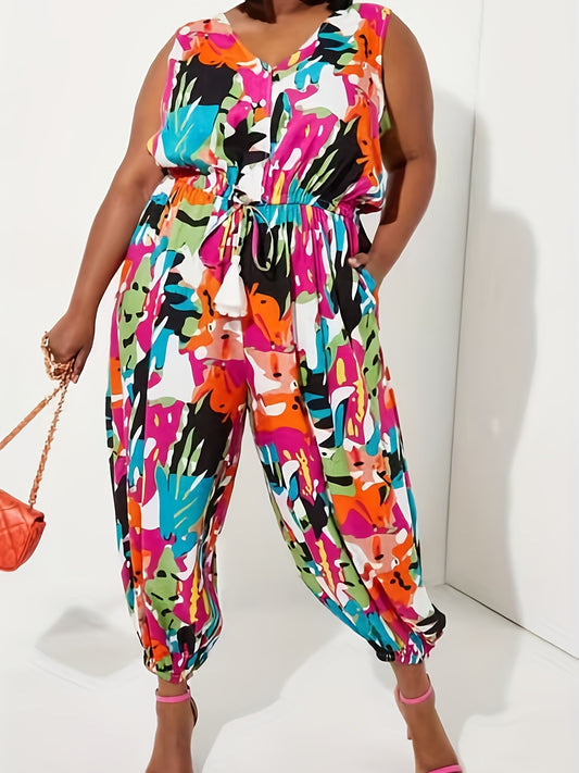 Plus Size Casual Tank Jumpsuit Allover Print V Neck Drawstring Tapered Leg