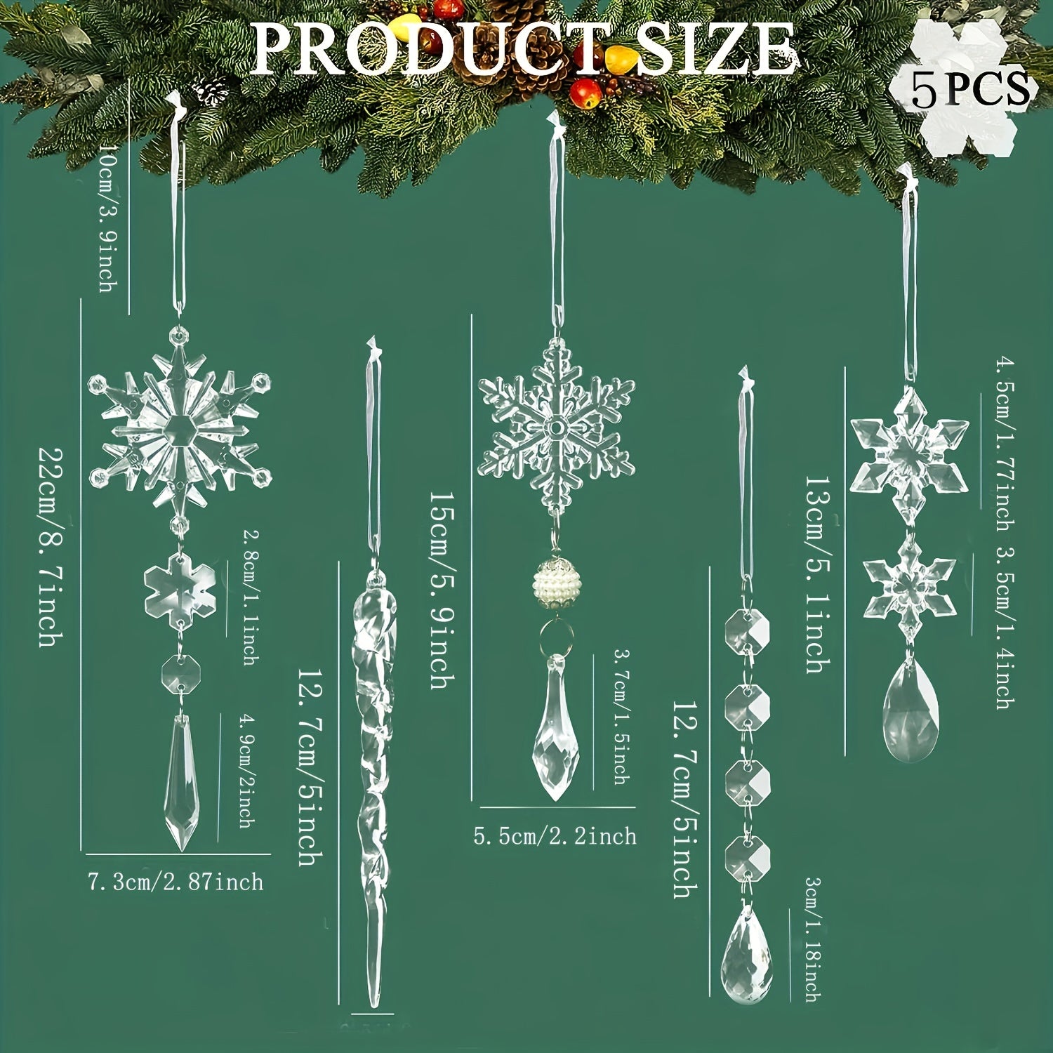 5pcs Crystal Christmas Ornaments Icicle Snowflake Hanging Acrylic Decor