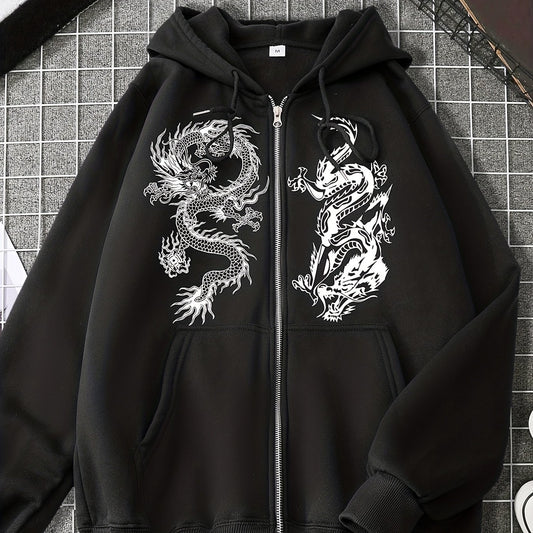 Dragon Print Zip Up Hoodie with Kangaroo Pocket for Women