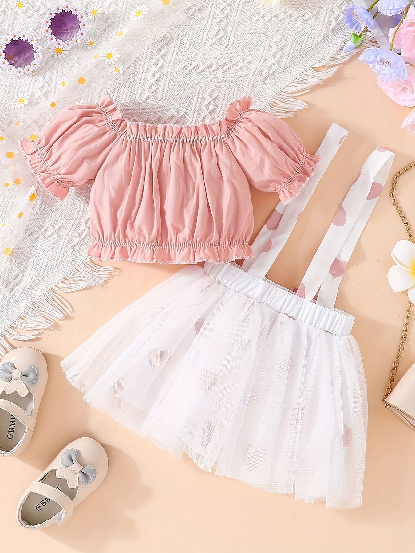 Baby Girls Off Shoulder Top Mesh Suspender Skirt