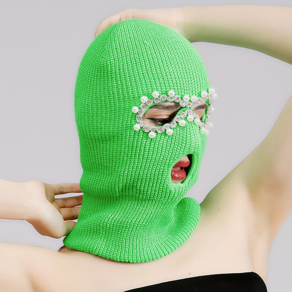 Green Y2K Balaclava Faux Pearl Decor Ski Mask