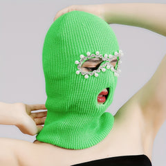 Green Y2K Balaclava Faux Pearl Decor Ski Mask