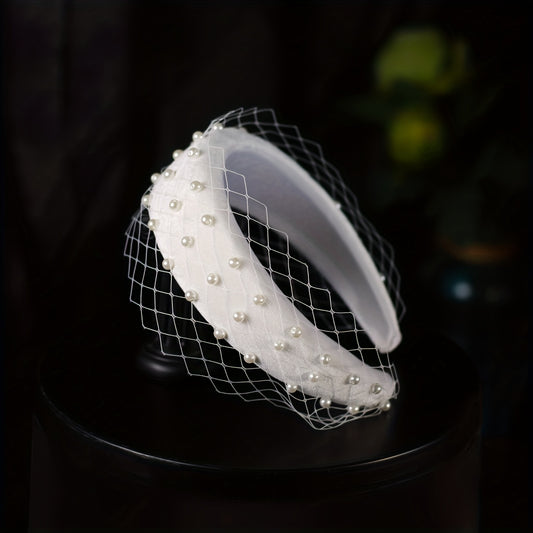 Wide Headband Mesh Inlaid Pearl Hair Accessory