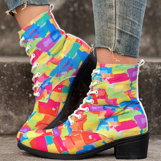 Women's Chunky Heel Lace-Up Canvas Ankle Boots