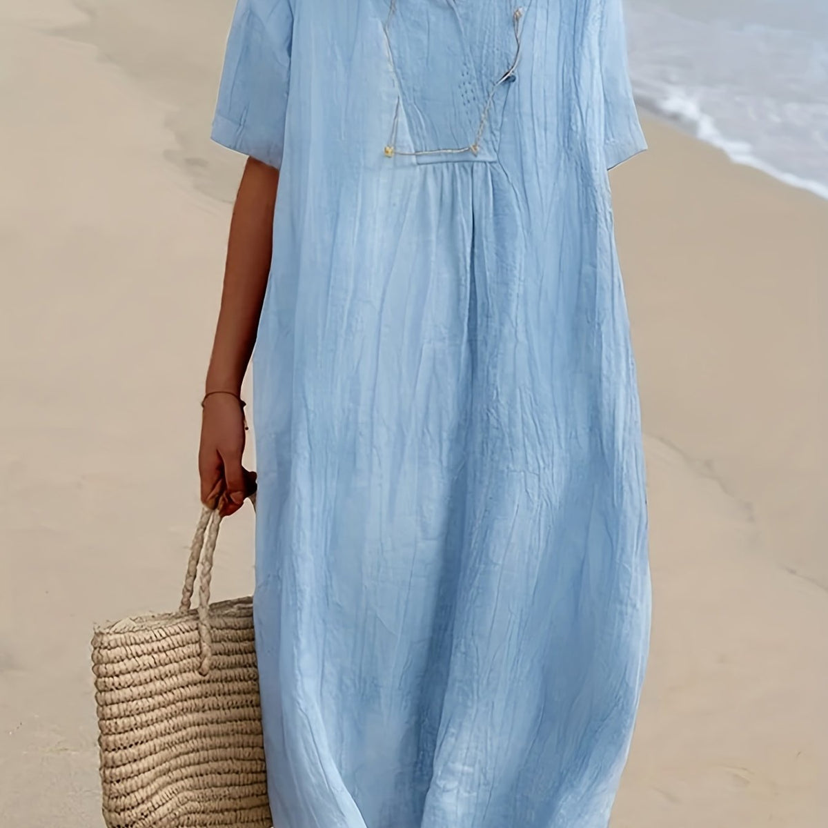 Versatile V Neck Maxi Dress Short Sleeve