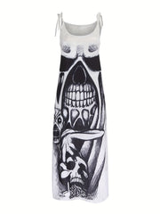 Plus Size Grunge Dress Women's Plus Skull Print Tie Shoulder