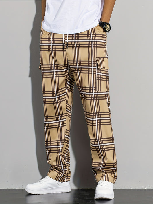Vintage Plaid Cargo Pants Men's Flap Pocket Straight Trousers