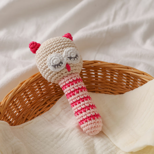 Crochet Owl Rattle Teether Toy with Bell, 3D Details
