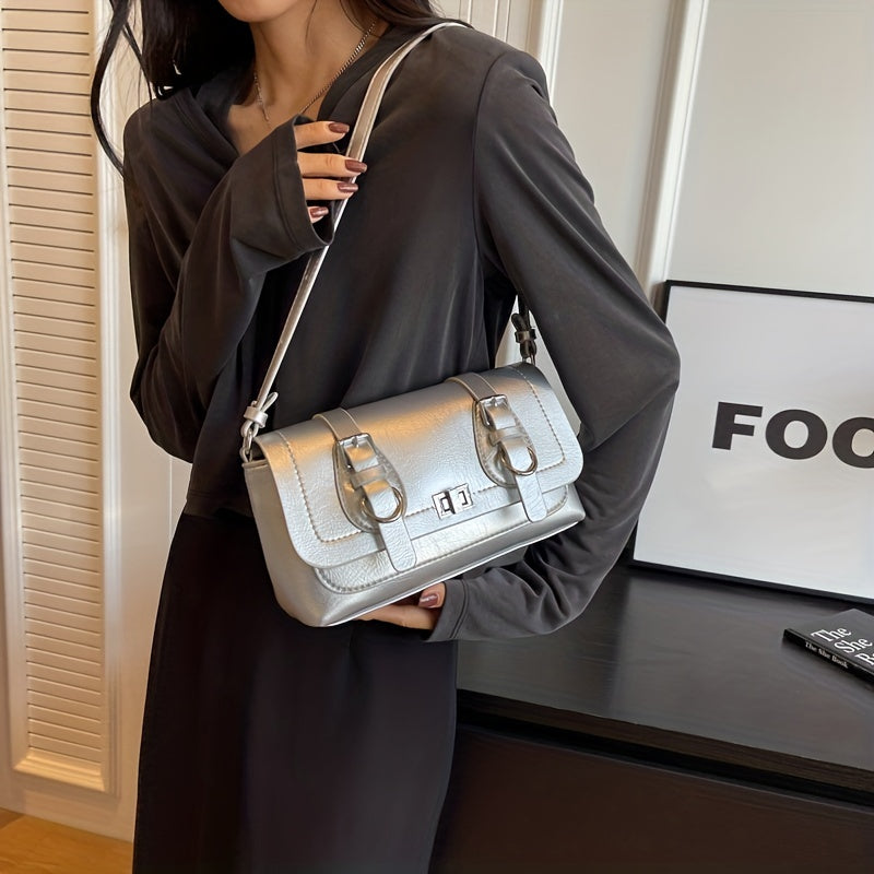 Retro Style Vegan Leather Shoulder Bag Buckle Decor Flap Baguette Bag