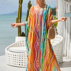  Striped V Neck Dolman Sleeve Maxi Kaftan Beach Dress