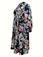 Women's Plus Floral Print Button Up Lapel Collar Midi Dress