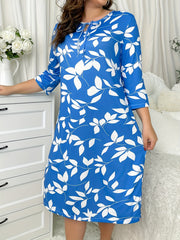  Leaf Print Three Quarter Sleeve Nightdress