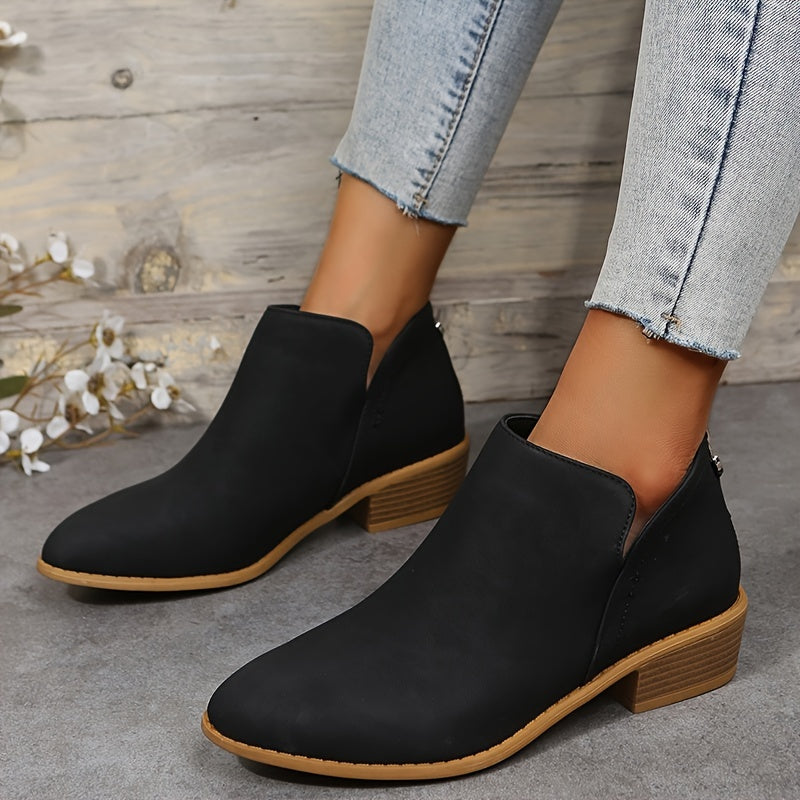Chunky Heel Short Boots V cut Stacked Heel Back Zip Ankle Bootie