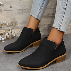 Chunky Heel Short Boots V cut Stacked Heel Back Zip Ankle Bootie