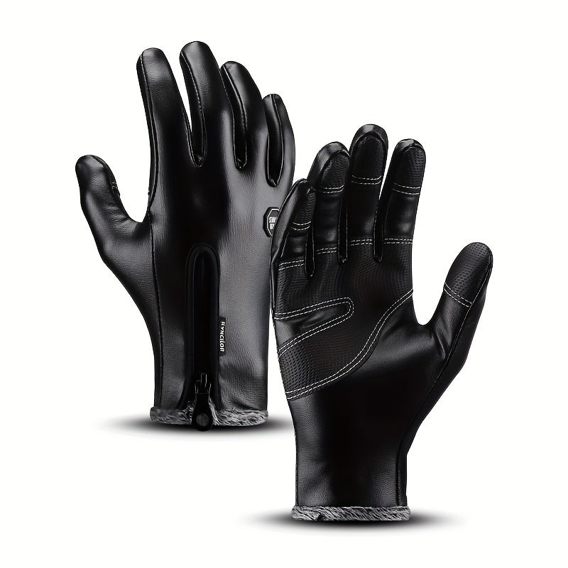 Men's PU Leather Winter Riding Gloves Windproof Touch Screen Ski Motorcycle