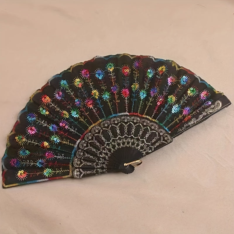 Sequin Men's Handheld Fan with Chinese Embroidery