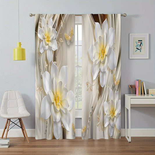 2pcs Flower Crystal Printed Window Curtain Home Decoration