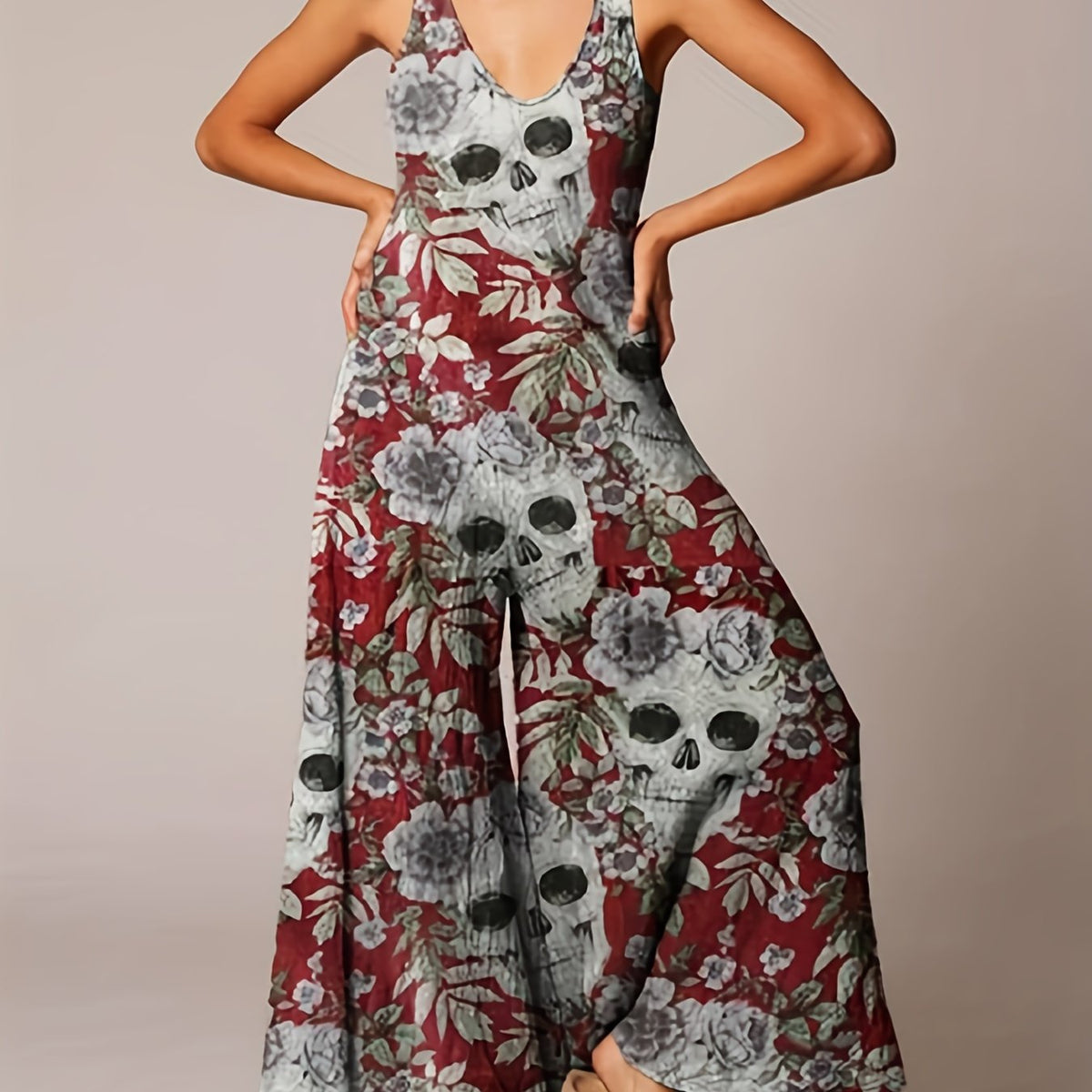 Vintage Skull & Flower Print Jumpsuit Women's Clothing