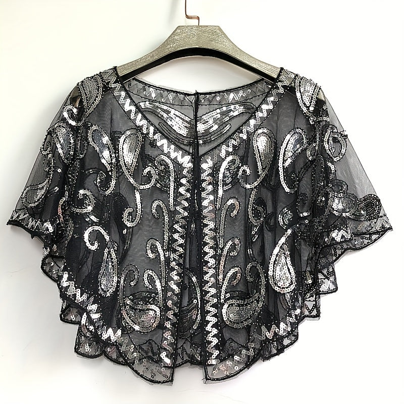 Sequin Embroidery Vintage Shawl Short Cape Mesh Cardigan Women Dress Accessories