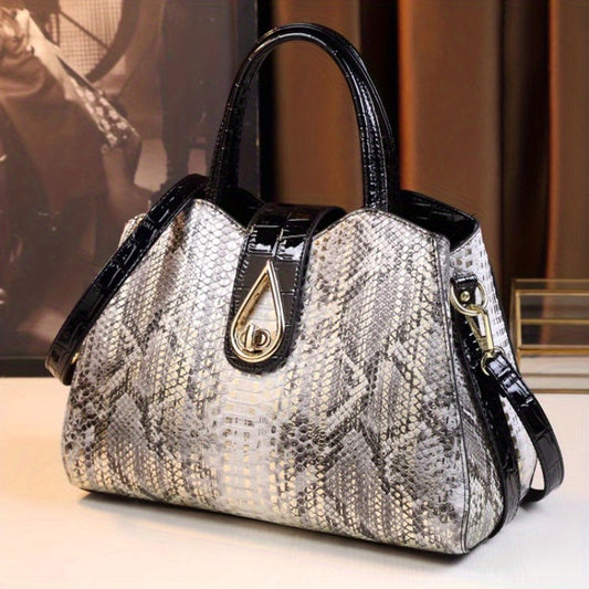 Women's Snake Pattern Tote Handbag Golden Tone Accents