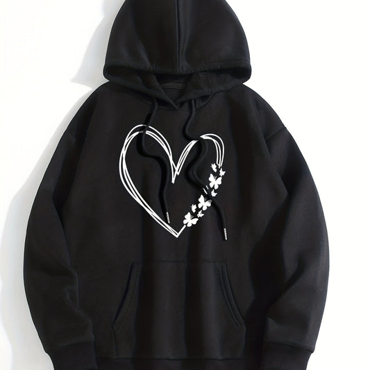 Heart Print Kangaroo Pocket Hoodie Long Sleeve Sweatshirt
