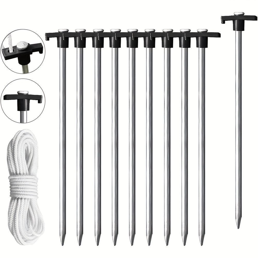10pcs Stainless Steel Tent Ground Nails with Ropes & Stopper