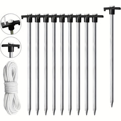10pcs Stainless Steel Tent Ground Nails with Ropes & Stopper