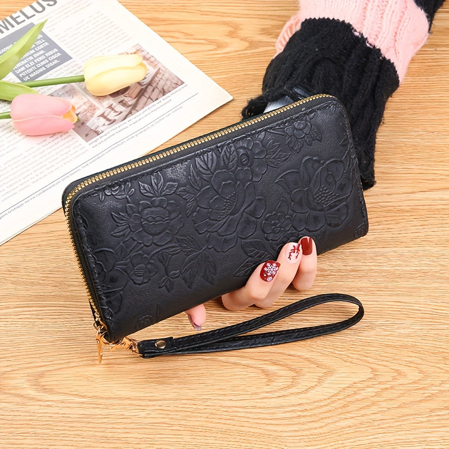 Floral Embossed Long Wallet Zipper Closure Clutch Purse