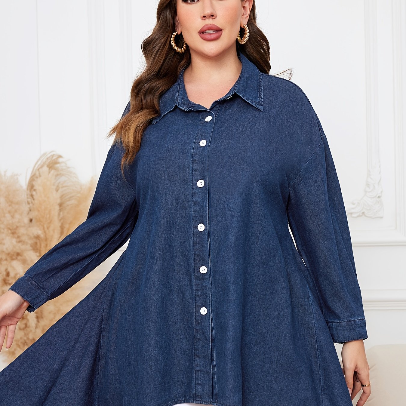  Casual Denim Top Women's Plus Solid Button Up Long Sleeve Tunic