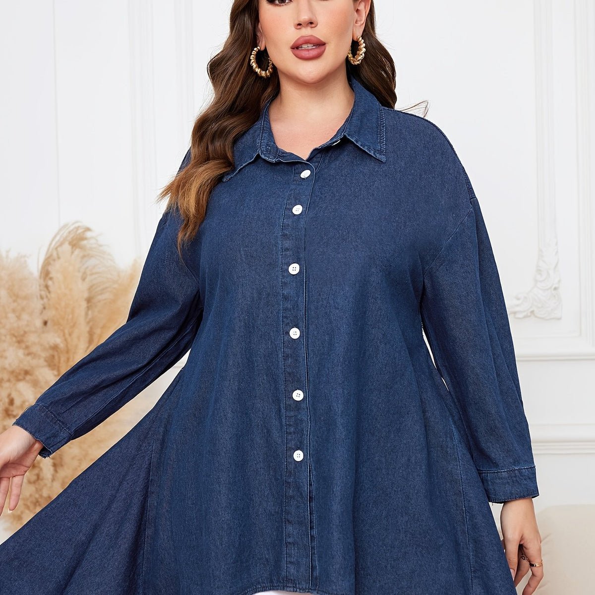  Casual Denim Top Women's Plus Solid Button Up Long Sleeve Tunic