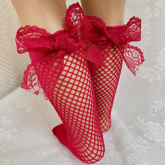 Girls Fishnet Lace Bow Over Calf Socks