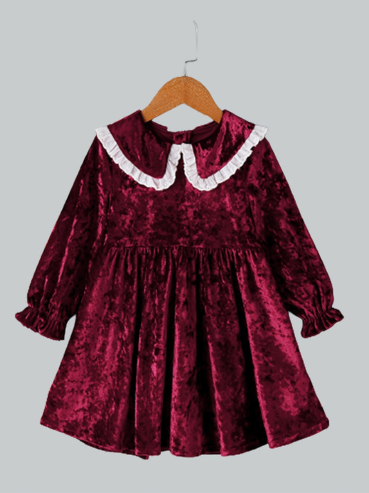 Girls Vintage Velvet Dress Long Sleeve Collared Casual Party Outfit