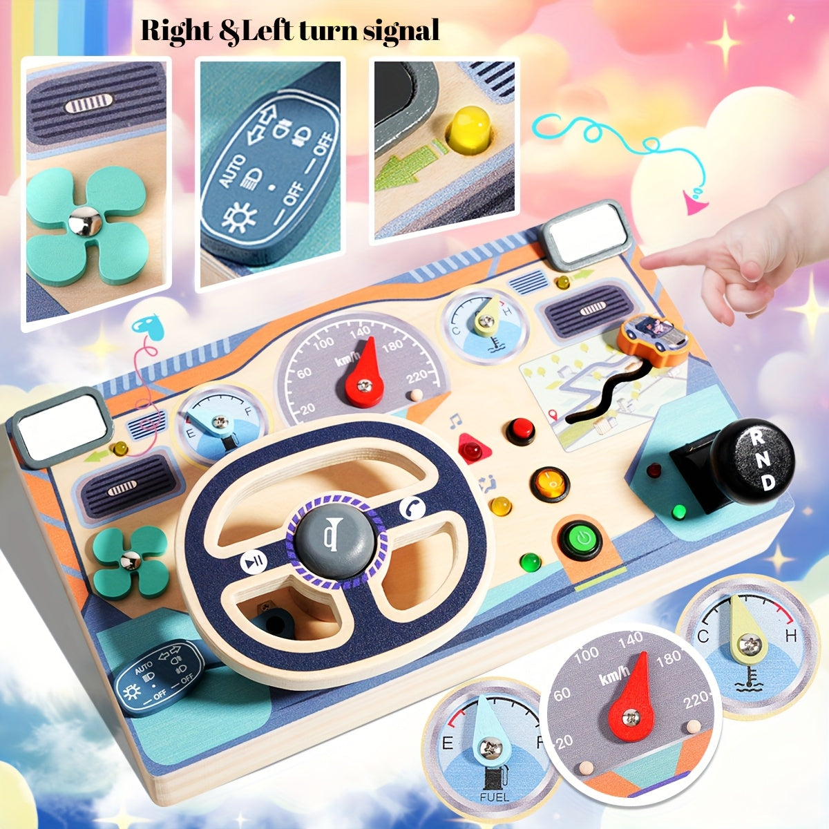 Wooden Busy Board Sensory Toys with Light Switch Steering Wheel