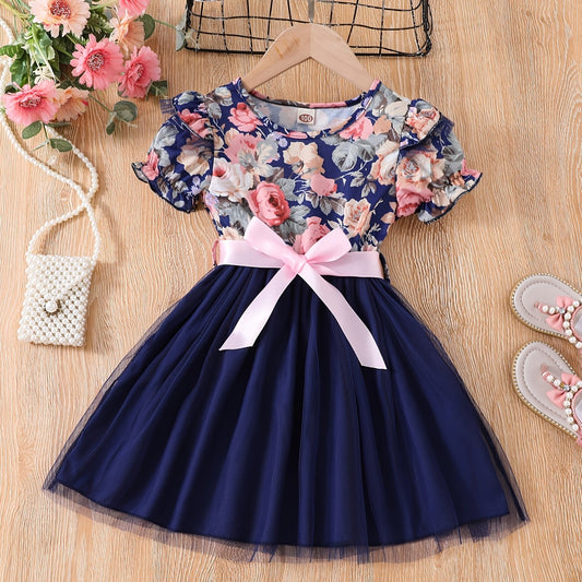 Toddler Girls Floral Princess Dress with Ruffle Trim and Belt