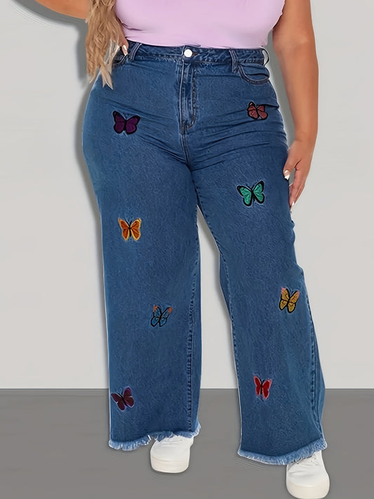  Butterfly Print Wide Leg Jeans